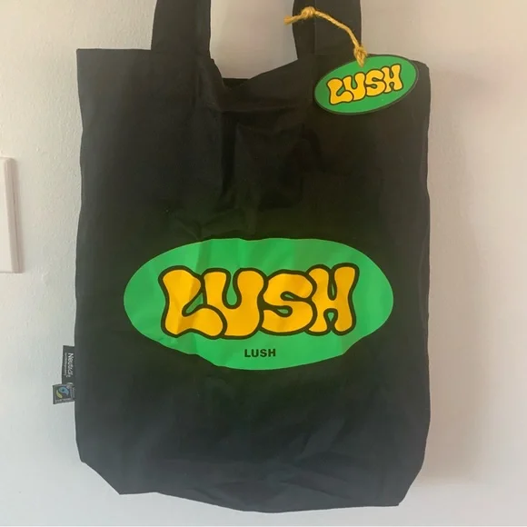 NEW Lush Black Tote Bag Logo Green Yellow Organic Cotton Eco Friendly Reusable - Picture 3 of 6